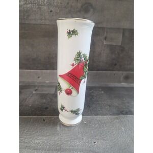 Norcrest White Accent Fine Porcelain China Holly &‎ Bell Bud Vase 6.5"H